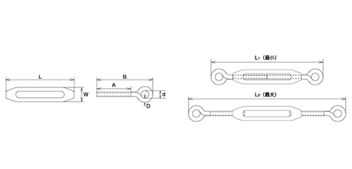 水本機械 ステンレスSUS316 枠式ターンバックル(アイ&アイ)の寸法図