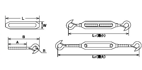 水本機械 ステンレスSUS316 枠式ターンバックル外れ止め付き(フック&フック)の寸法図