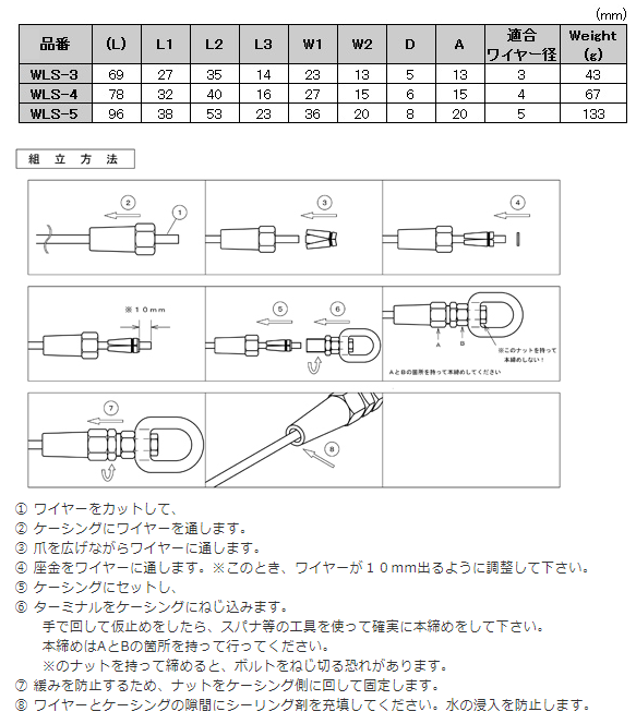 水本機械 ステンレス(SUS316) ロックターミナルスイベル (WLS)の寸法表