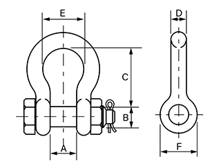 鋼 クロスビー ボルトナット・バウタイプシャックル (G2130)(割りピン式)の寸法図