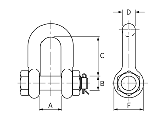 鋼 クロスビー ボルトナット・ストレートタイプシャックル (G2150)(割りピン式)の寸法図