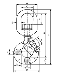 鋼 クロスビー スイベルフック (L-322AN)(はずれ止め安全フック付き)の寸法図