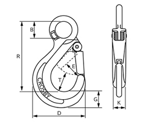 鋼 クロスビー チェーンフック (S315A)(はずれ止め安全フック付き)の寸法図