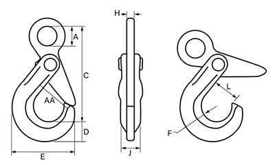 鋼 クロスビー ロッキングフック (S1316)(はずれ止め安全フック付き)の寸法図