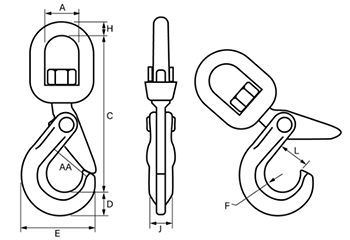 鋼 クロスビー スイベル式 ロッキングフック (S1326)(はずれ止め安全フック付き)の寸法図