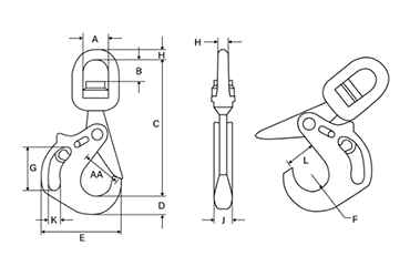 鋼 クロスビー ハンドルフック (S1316AH)(はずれ止め安全フック付き)の寸法図