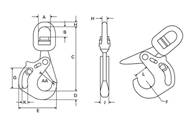 鋼 クロスビー ハンドルスイベルフック (S13326AH)(はずれ止め安全フック付き)の寸法図