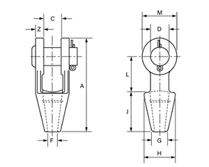 鋼 クロスビー オープンソケット (G416)(ワイヤロープの端末加工金具)の寸法図