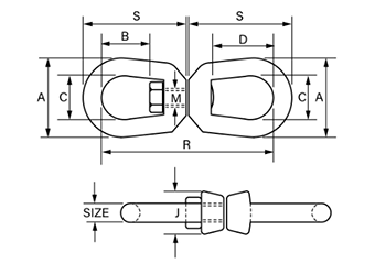 鋼 クロスビー 両型スイベル (G402)(ワイヤロープのより取り)の寸法図