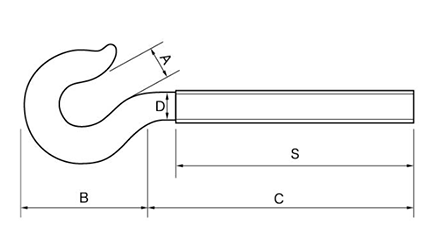 鉄 ターンバックル用 フック型ボルトのみ(左ねじ)(インチ・ウイット)(ダイロック品)の寸法図