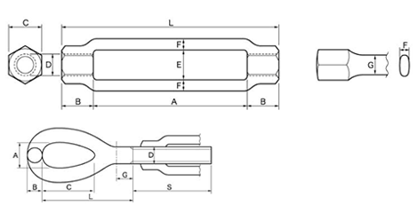 鉄 型打式ターンバックル(両オーフ/アイ)(インチ・ウイット)(ダイロック品)の寸法図