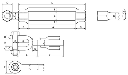 鉄 型打式ターンバックル(両ジョウ)(インチ・ウイット)(ダイロック品)の寸法図