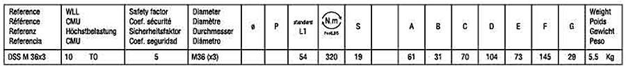 鋼 ダブルスイベルシャックル 極東技研工業 DSS(細目)の寸法表