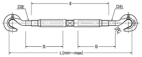 鉄 パイプ式ターンバックル(両ハッカー)(PS式)(コンドーテック品)の寸法図