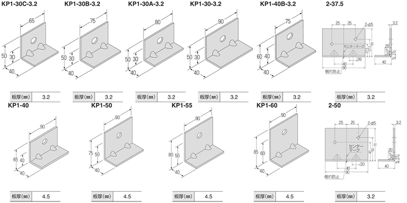 鉄 自立コンピース 一つ穴 (KP1)(鉄骨部材)の寸法図
