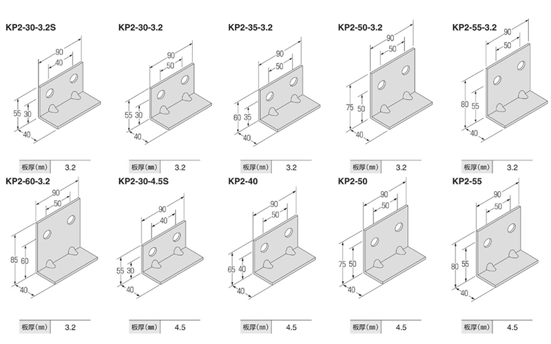 鉄 自立コンピース 二つ穴 (KP2)(鉄骨部材)の寸法表
