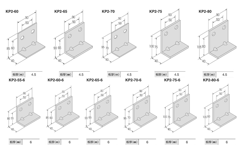 鉄 自立コンピース 二つ穴 (KP2)(鉄骨部材)の寸法図