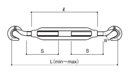 鉄 割り枠式ターンバックル (両フック)(KTB-F)(ふじわら品)の寸法図
