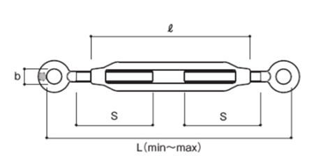 鉄 割枠式ターンバックル(両オーフ/アイ)(KTB-O)(ふじわら品)の寸法図