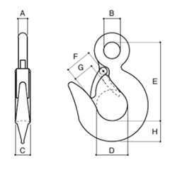 ふじわら 鍛造環付きフック (TKF)(安全バネ付き)の寸法図