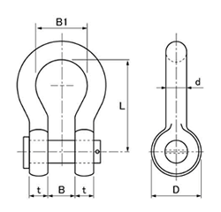 鉄 ナニワ規格シャックル (BA・平頭リベット型/割ピン)(浪速鉄工)の寸法図