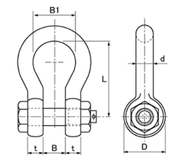 鉄 ナニワ規格シャックル (BB・六角頭ボルト ナット型/割ピン)(浪速鉄工)の寸法図