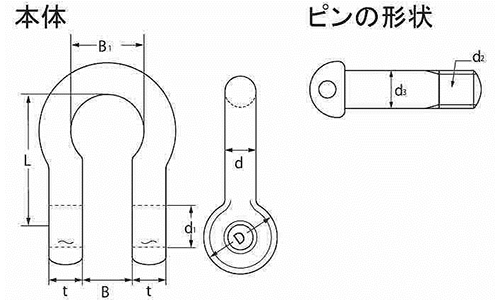 鉄 JISシャックル (M級) BCバウ型 (大洋製器工業)の寸法図