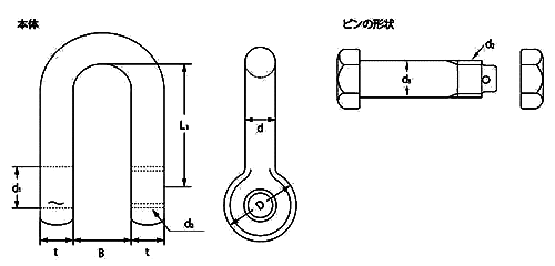 鉄 TAIYO シャックル SBストレート型 (大洋製器工業)の寸法図
