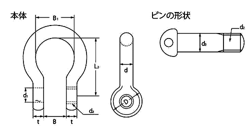 鉄 TAIYO シャックル BDバウ型 (大洋製器工業)の寸法図