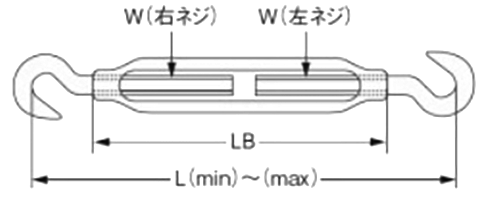 鉄 割り枠式ターンバックル (両フック)(大洋製器工業品)の寸法図