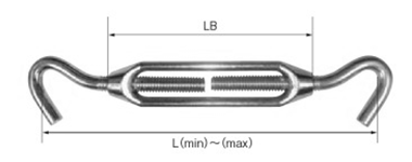 SM(亜鉛ダイカスト製)枠式ターンバックル(両フック)(大洋製器工業)の寸法図