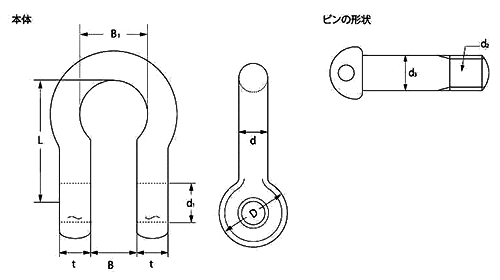ステンレス TAIYO シャックル BCバウ型 (大洋製器工業)の寸法図