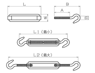 ステンレス 枠式ターンバックル(フック&フック)(ニッサチェイン/輸入品)の寸法図