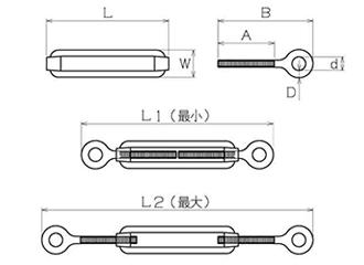 ステンレス 割り枠式ターンバックル(アイ&アイ)(Wオーフ)(ミリネジ)(輸入品)の寸法図