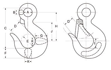 浪速鉄工 NCフック (安全バネなし)(鍛造環付フック)の寸法図