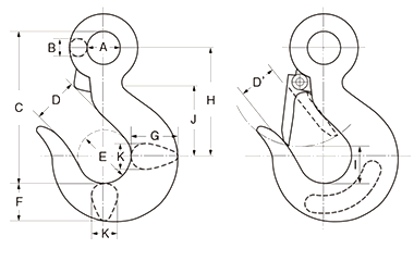 浪速鉄工 NCフック (安全バネ付き)(鍛造環付フック)の寸法図