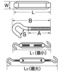 ひめじや ステンレス 枠式ターンバックル(フック&フック)(TB-H)の寸法図