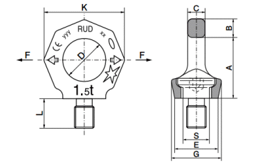 鋼 スターポイント(VRS型 回転アイボルト)(UNC ユニファイ)の寸法図