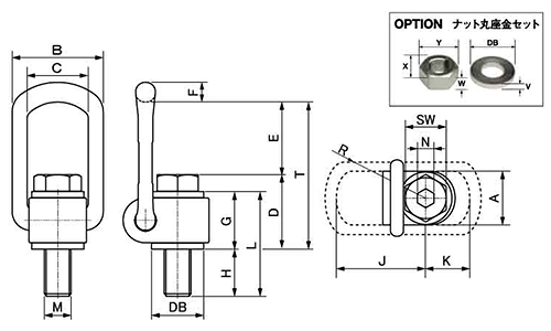 鋼 ロードリング (VLBG型 全方向アイボルト)(UNC ユニファイ)の寸法図