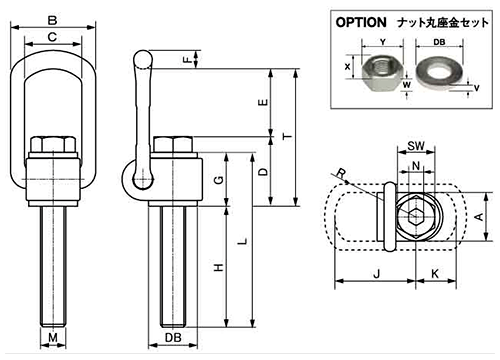 鋼 ロードリング ロング型 (VLBG型 全方向アイボルト)の寸法図