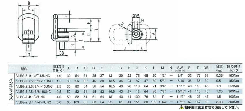 鉄 ロードリング (VLBG型 全方向アイボルト)・(UNCユニファイ並目ねじ)の寸法表