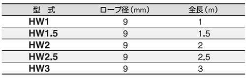 スリーエッチ フック付きワイヤー (HW)(片フック、片ワッパ、ロープ径φ9メッキ)の寸法表