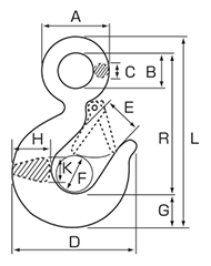 スリーエッチ アイフック (ラッチ付 / はずれ止め安全フック付き)(EL)の寸法図