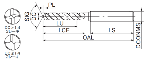 不二越(NACHI) DLCハイスドリル (DLCHD)(アルミ合金用)の寸法図