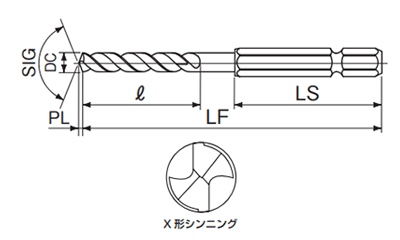 不二越(NACHI) ステン用ドリル6角軸 (6SUSSDP)(パック品)の寸法図