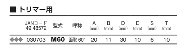 大見工業 (大日商) コーナービット飾り面 (面取60°)(M)の寸法表