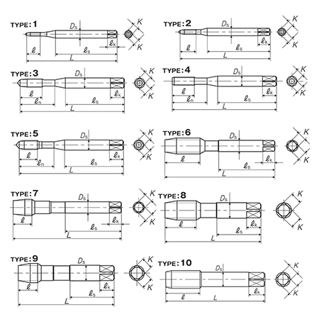 YAMAWA 鋼用 ハンドタップ (#3 上仕上げ)(HSS)(ミリ、細目、旧JIS、UN規格)の寸法図