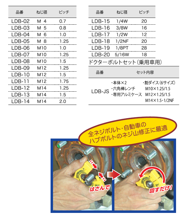 ライト精機 ドクターボルトダイスセット品 LDB (ネジ山修正ダイス)の寸法表