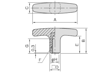 イマオ 角型Tハンドル(メネジ)の寸法図