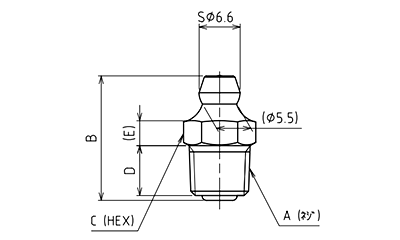 鉄 グリスニップル (A型)角度：ストレートの寸法図